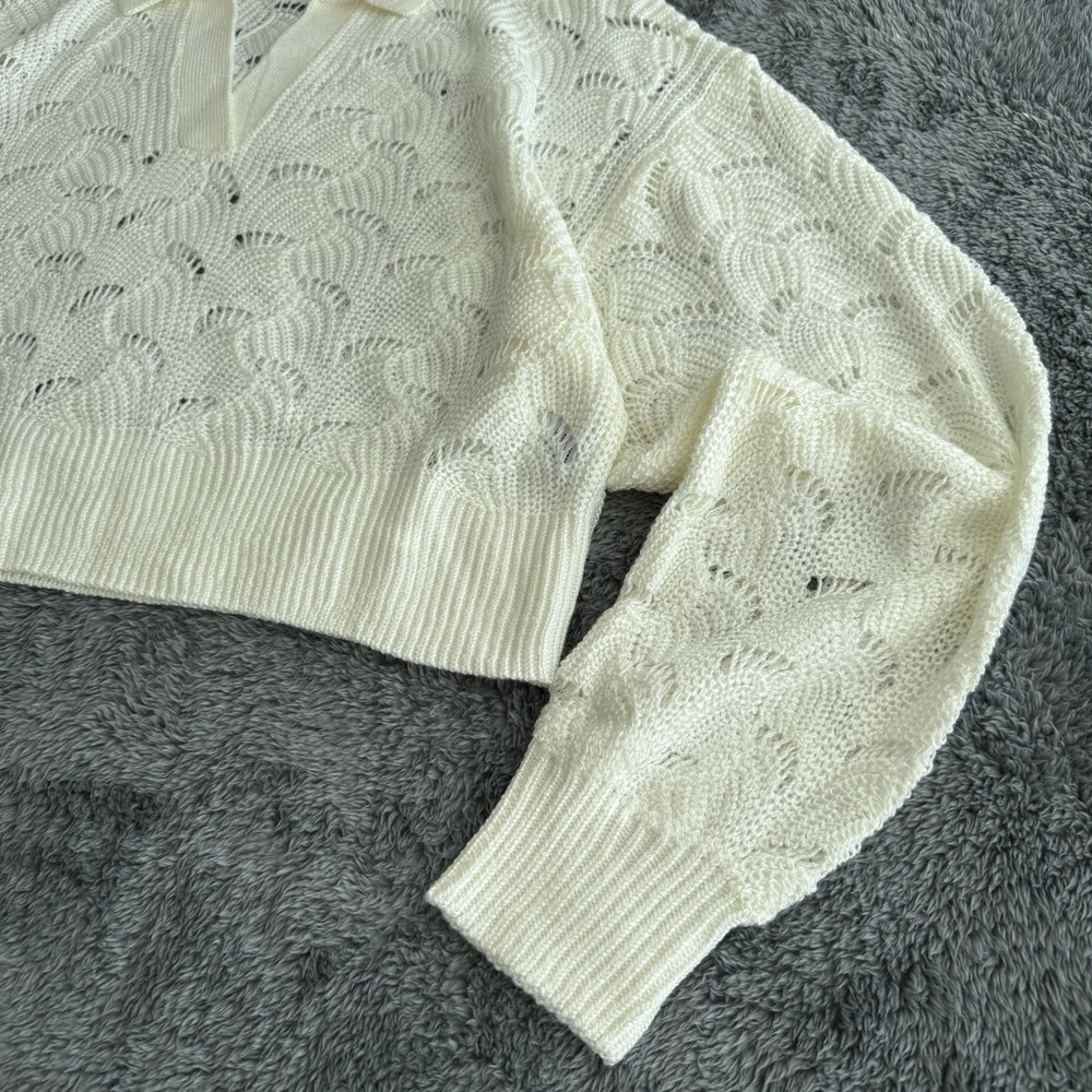 525 America Women's See-Through Collared Sweater, Loose Knit Sweater, Cream, M - Picture 7 of 8